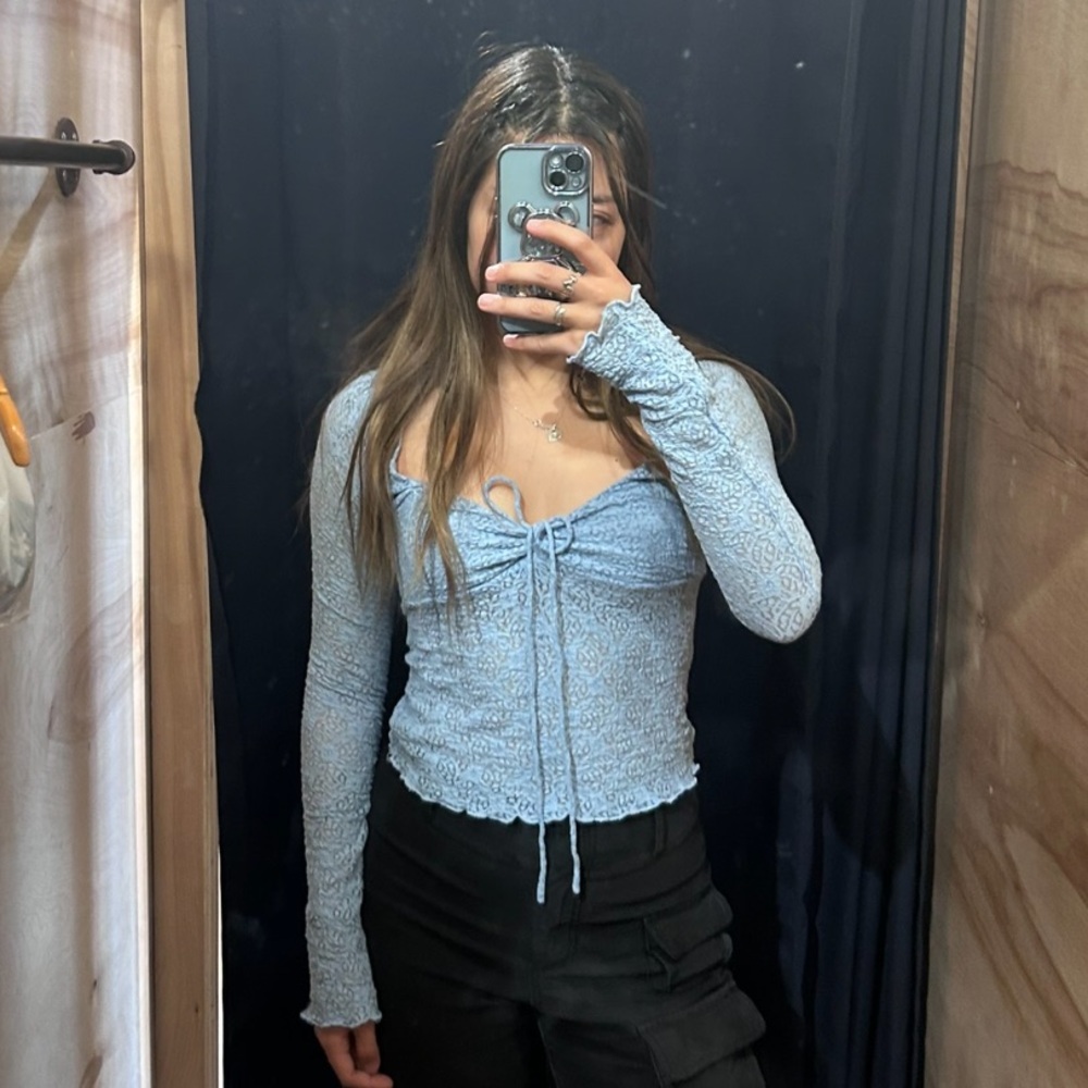 Urban Blue Lace Long Sleeve White Top